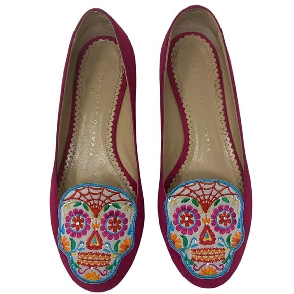 Rare Charlotte Olympia Sugar Skull Pink Suede Embroidered Round Toe Loafers 4 - Picture 2 of 12